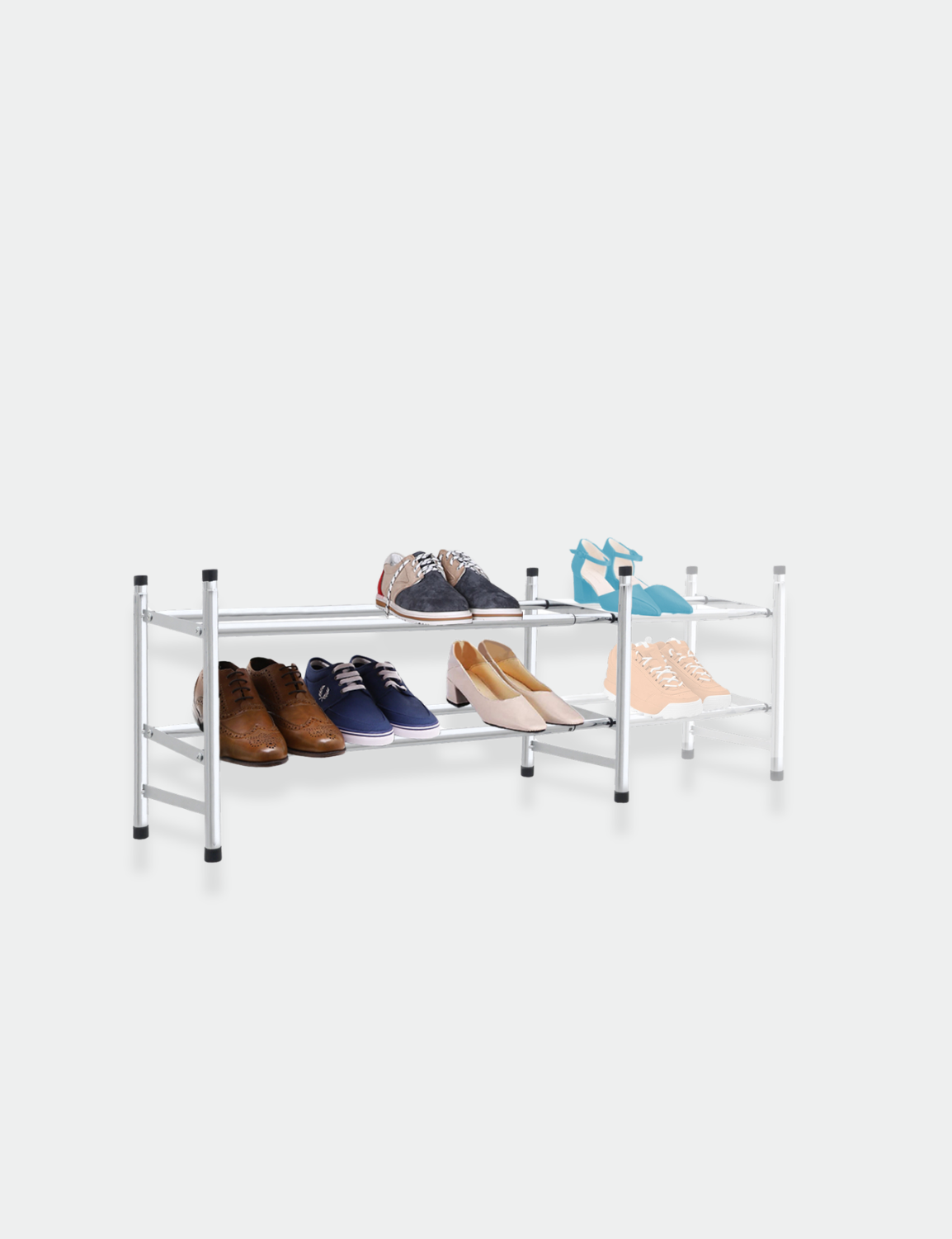 Knight 2 Tier Chrome Shoe Rack | Extendable & Stackable Shoe Storage Holds 12 Pairs of Shoes | Adjustable Shelving unit Shoe Organiser for Home, Office, Hallway | 62-112(L) x 35(H) x 23(W) cm