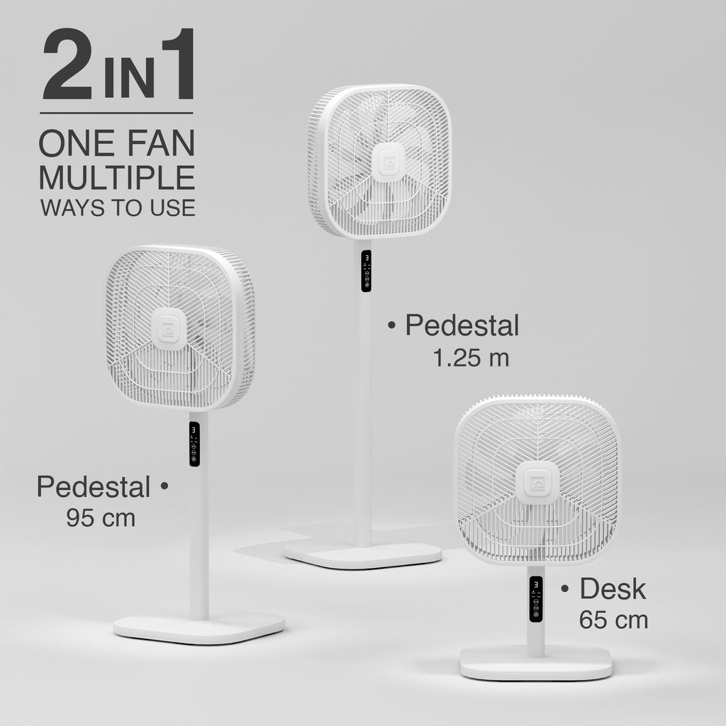 Knight 2in1 16" Square Stand Fan &amp; Desk Fan with Remote Control, Timer &amp; 3 speed Setting | 9 Blades Turbo Wind | Square Base | Oscillation | Easy Assemble - No Tools | White