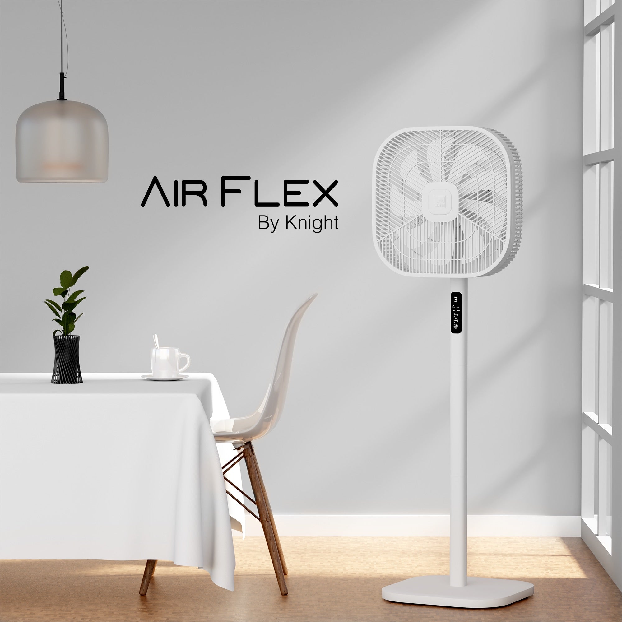 Knight 2in1 16" Square Stand Fan &amp; Desk Fan with Remote Control, Timer &amp; 3 speed Setting | 9 Blades Turbo Wind | Square Base | Oscillation | Easy Assemble - No Tools | White