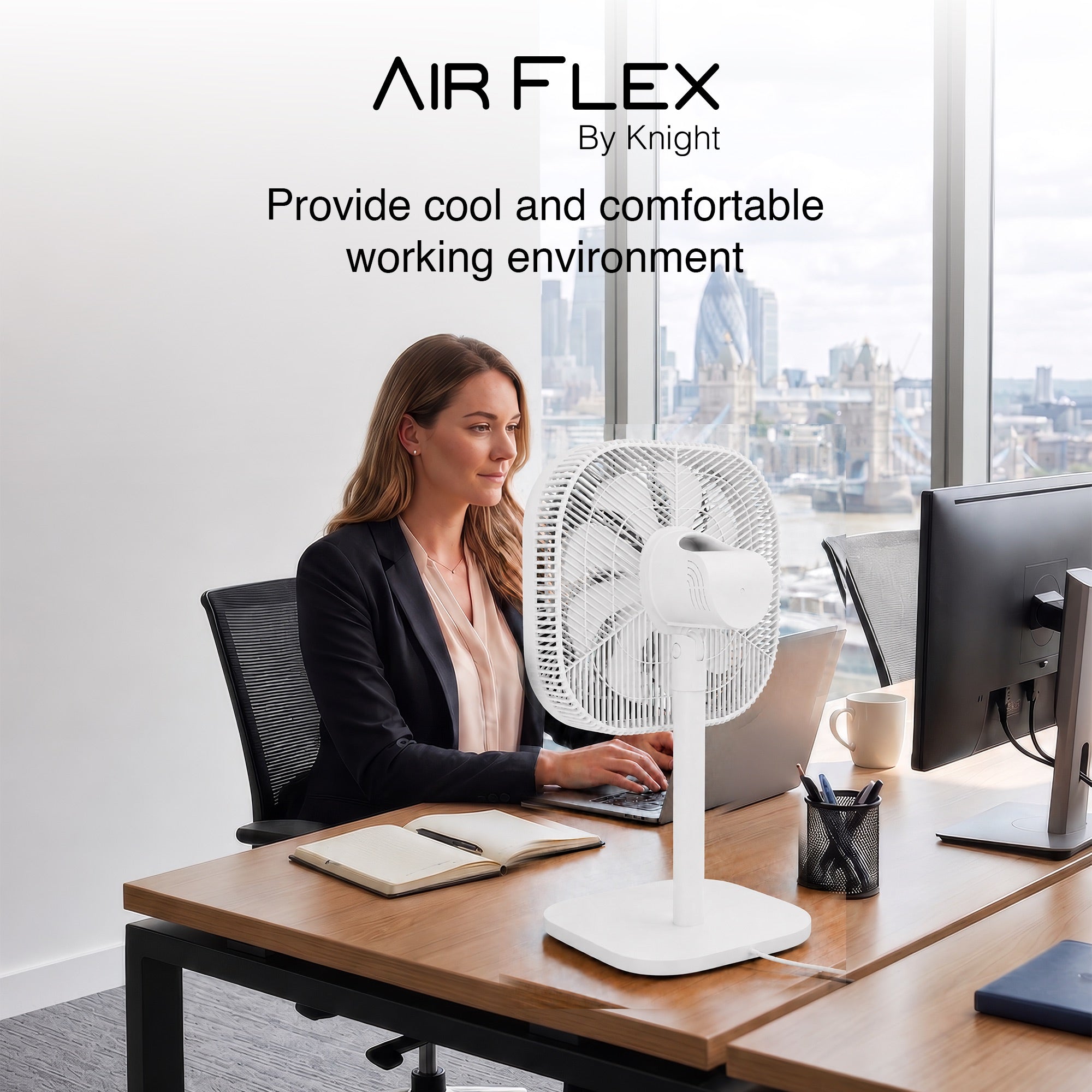 Knight 2in1 16" Square Stand Fan &amp; Desk Fan with Remote Control, Timer &amp; 3 speed Setting | 9 Blades Turbo Wind | Square Base | Oscillation | Easy Assemble - No Tools | White