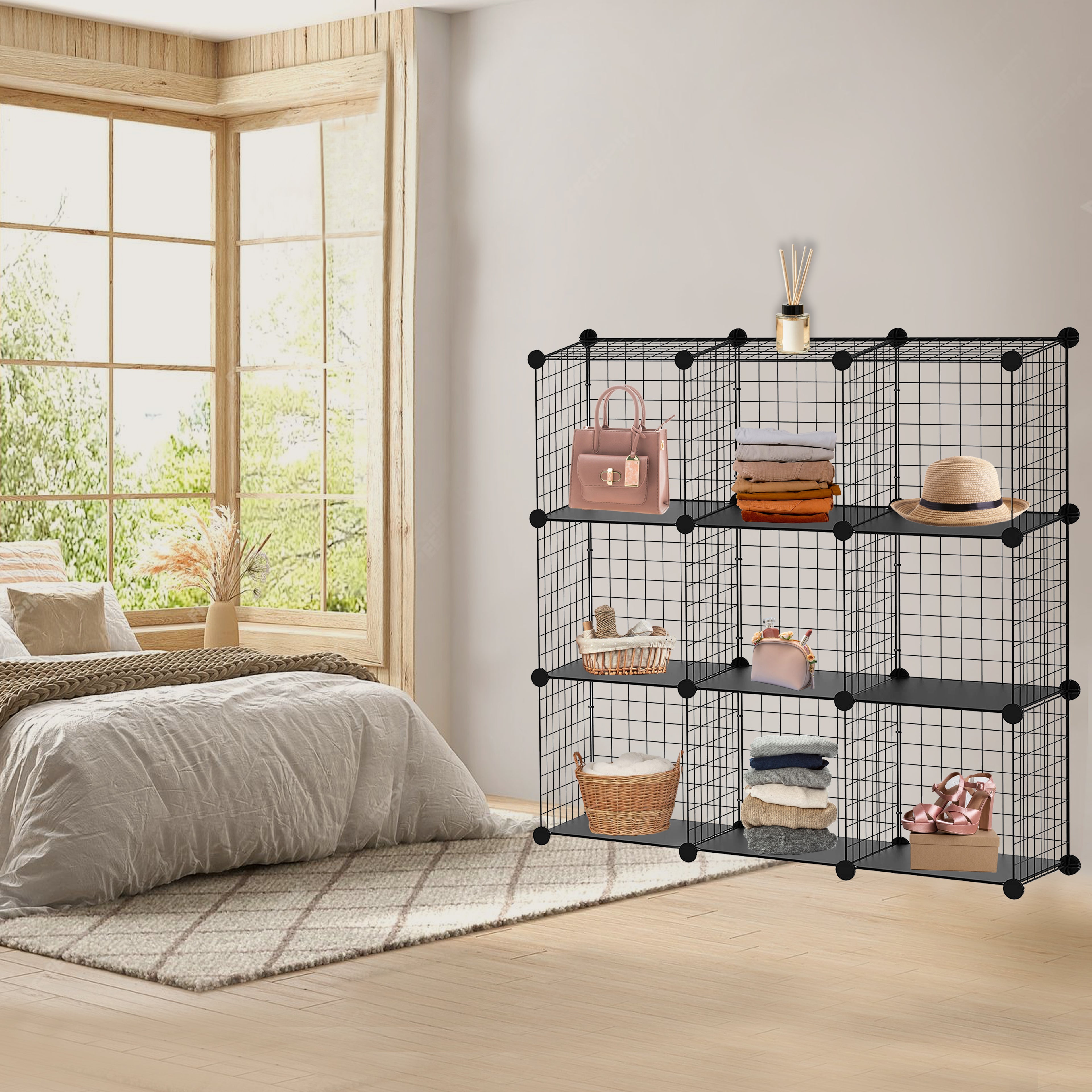 9‑Cube Interlocking Storage Rack with Metal Wire Mesh Shelves – Modular Organiser Unit| KNIGHT