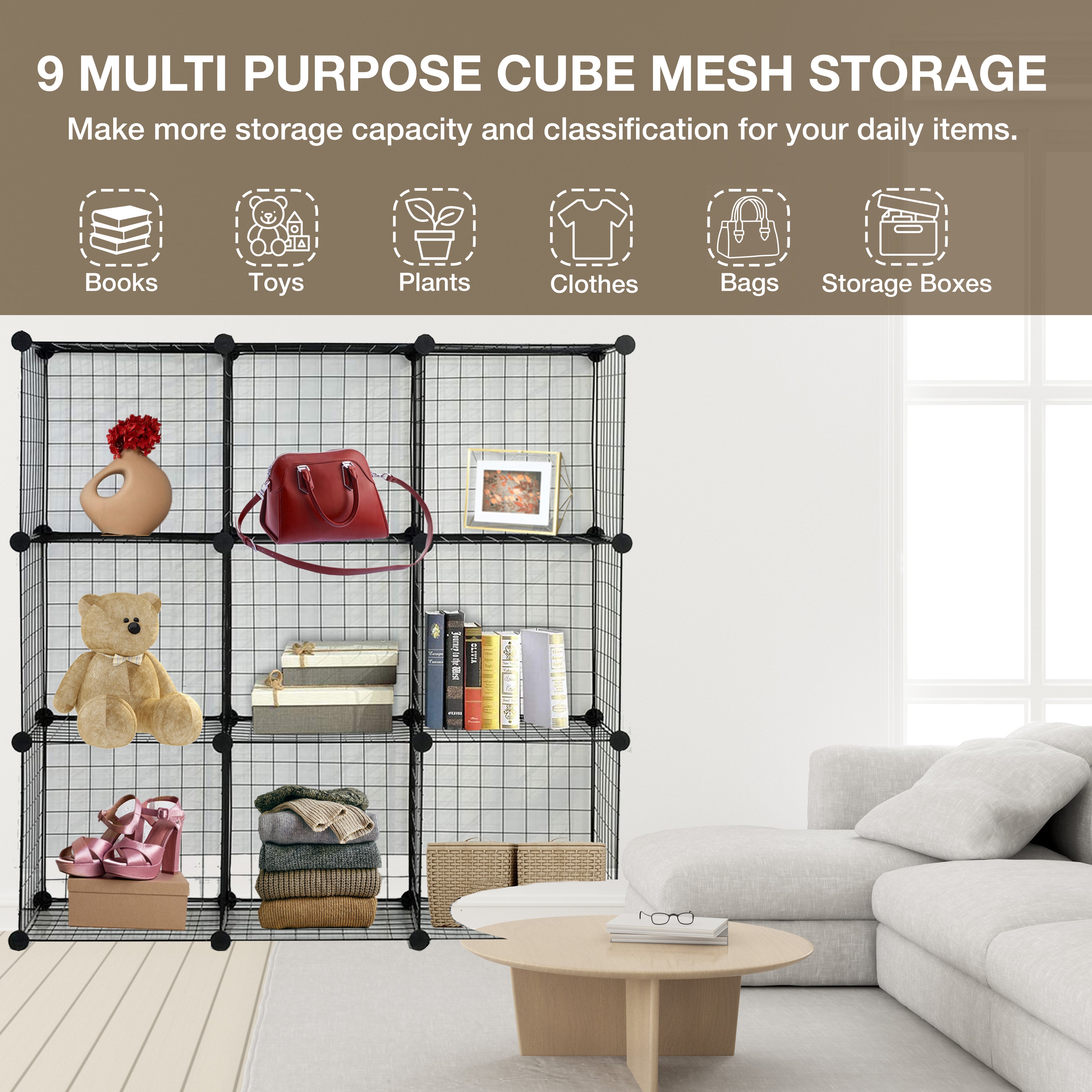 9‑Cube Interlocking Storage Rack with Metal Wire Mesh Shelves – Modular Organiser Unit| KNIGHT
