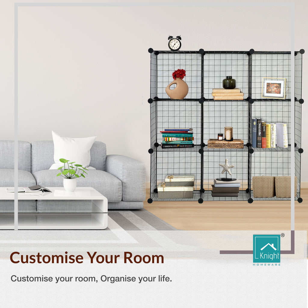 9‑Cube Interlocking Storage Rack with Metal Wire Mesh Shelves – Modular Organiser Unit| KNIGHT