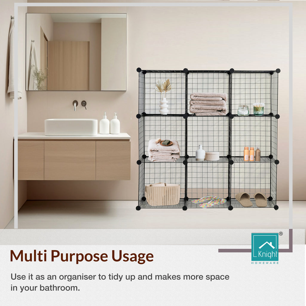 9‑Cube Interlocking Storage Rack with Metal Wire Mesh Shelves – Modular Organiser Unit| KNIGHT