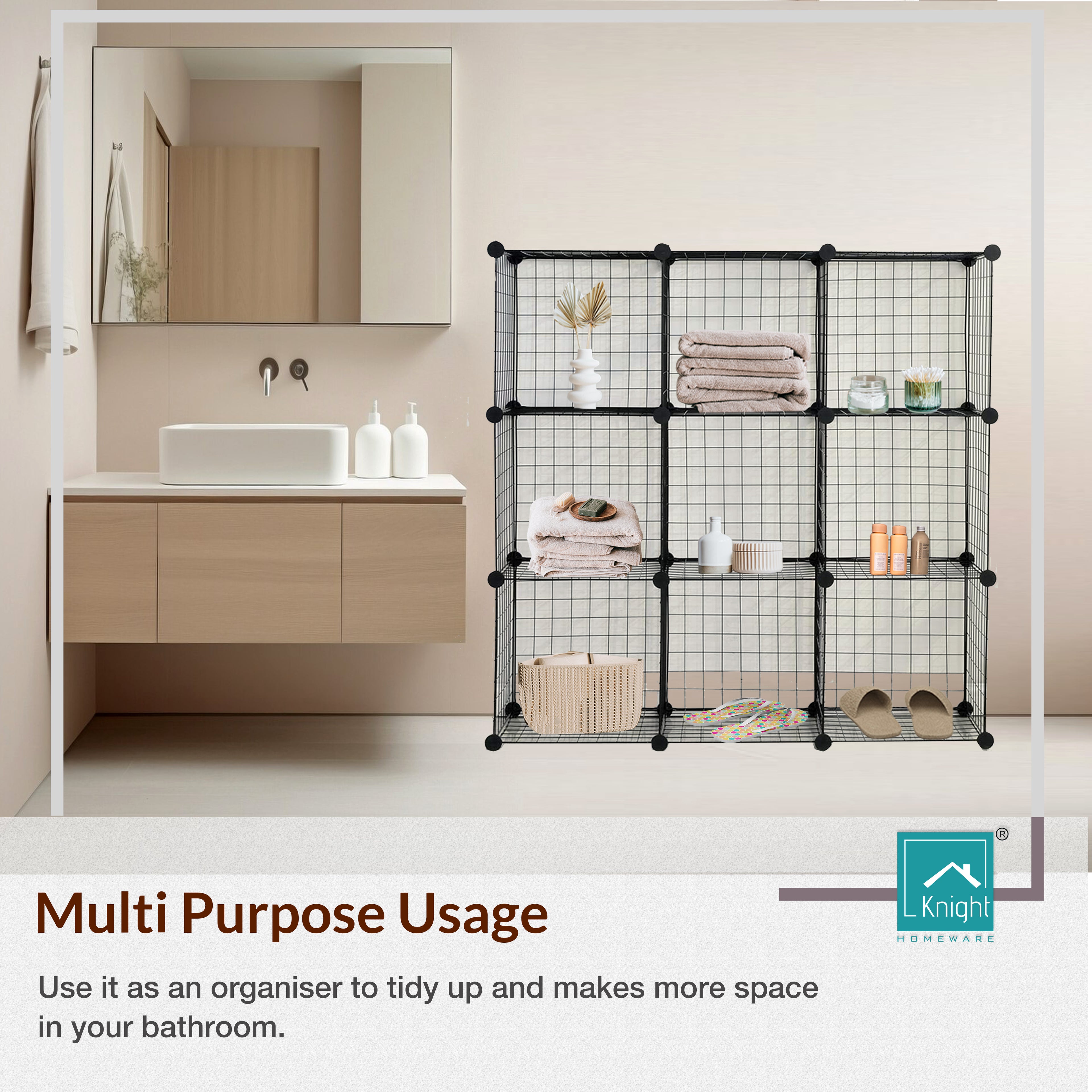 9‑Cube Interlocking Storage Rack with Metal Wire Mesh Shelves – Modular Organiser Unit| KNIGHT